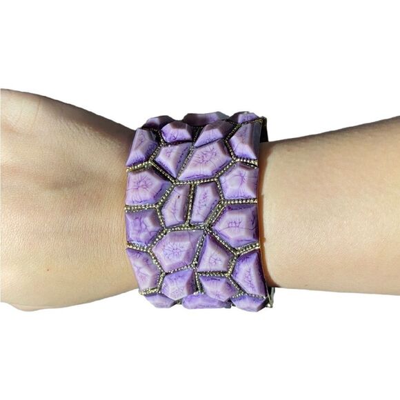 Amethyst-like Hinged Cuff Bracelet with Gold Trim - Picture 2 of 5